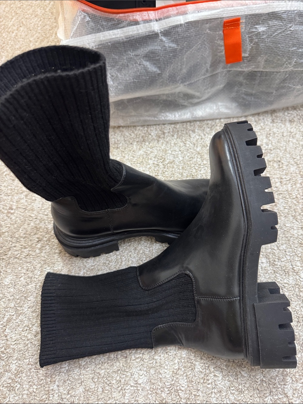 Zara Black Leather Lug-Sole Sock Boots